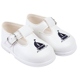 Boys White & Navy Boat T-bar First Walker Shoes